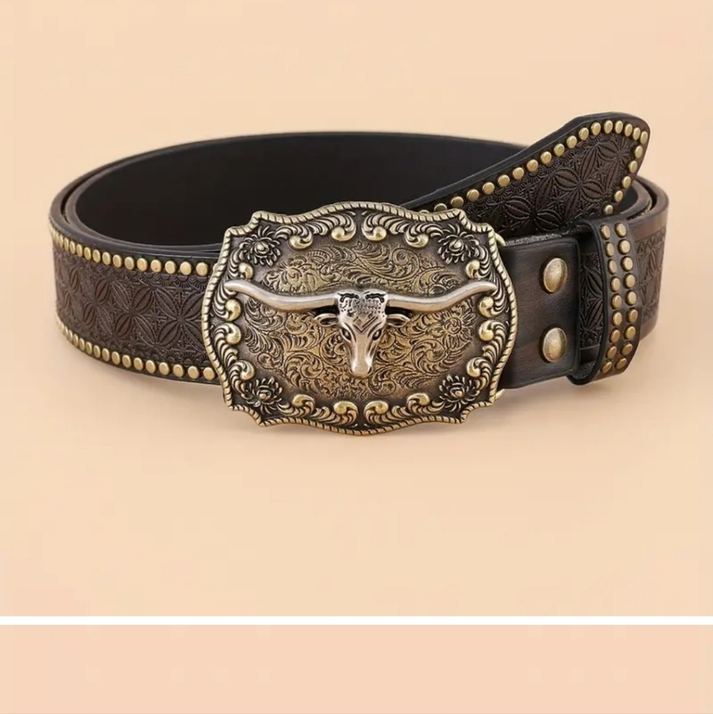 New 47" PU brown leather belt and longhorn steer belt buckle